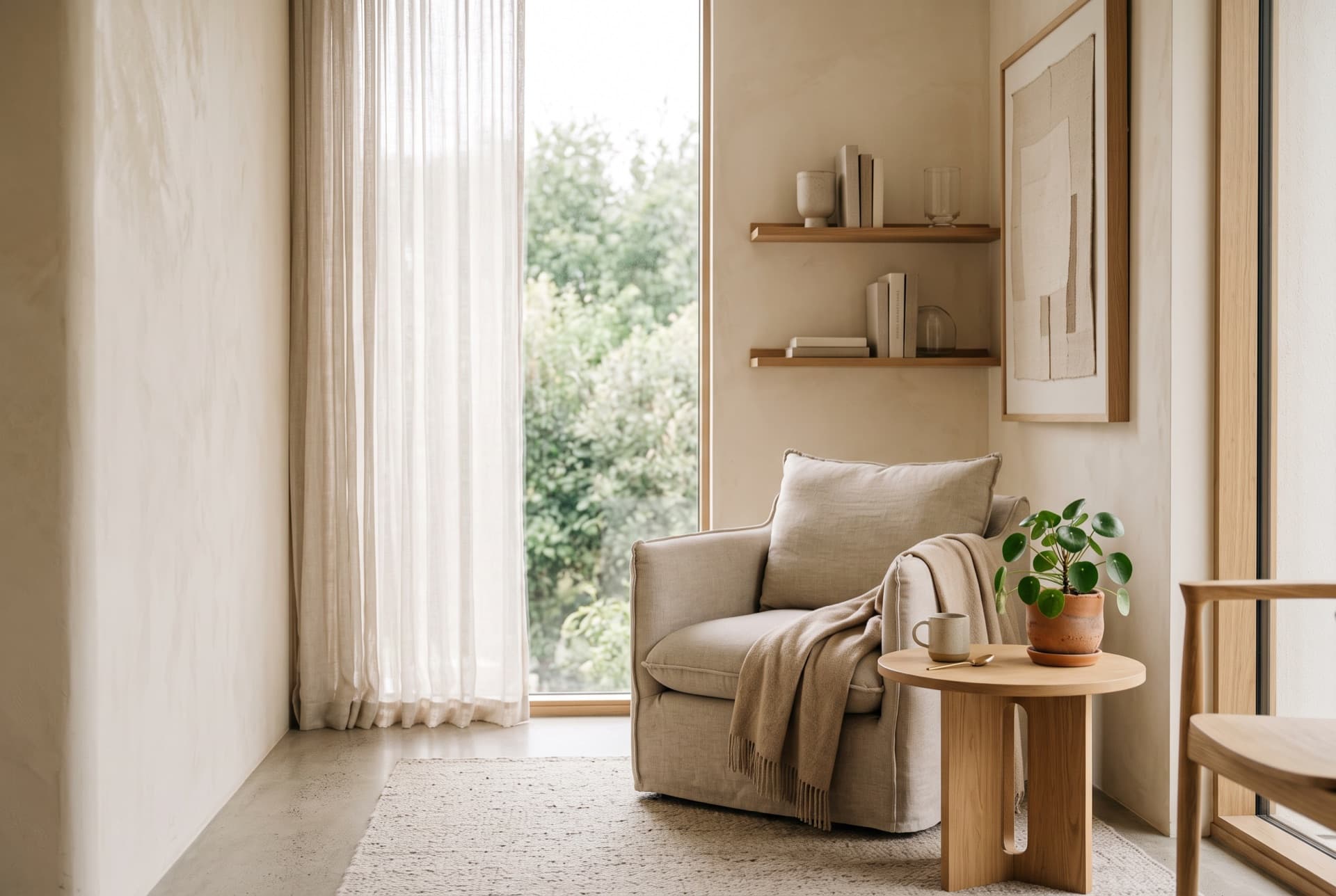 Ruhiger Loungebereich mit Sessel und Tageslicht