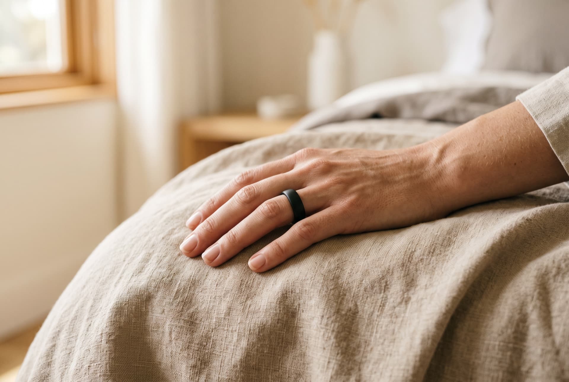 Hand mit schwarzem Wearable-Ring auf heller Liege